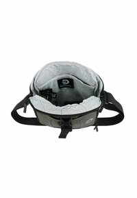 Borsa a tracolla grigia con un interno morbido e decorato, dotata di chiusura a zip e tracolla regolabile. Include il marchio all'interno.