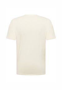 T-shirt z krótkim rękawem w kolorze ecru wykonany z bawełny, z okrągłym dekoltem i gładką, miękką fakturą. Bez wzorów ani akcentów. Widok z tyłu.