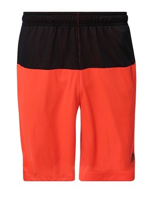 Orangefarbene Sportshorts mit einem schwarzen Mesh-Oberteil, elastischem Bund und Adidas-Logo auf der unteren linken Seite. Glatte Stofftextur.