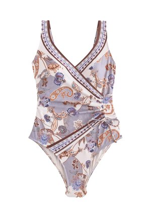 Maillot de bain une pièce style cache-coeur, motifs cachemire et floraux en bleu, marron et beige, avec un détail de nouage sur le côté.