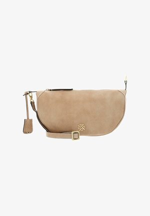 Beige leather crossbody bag with a smooth texture, zip closure, adjustable strap, and gold-tone hardware. Features a logo detail on the front.