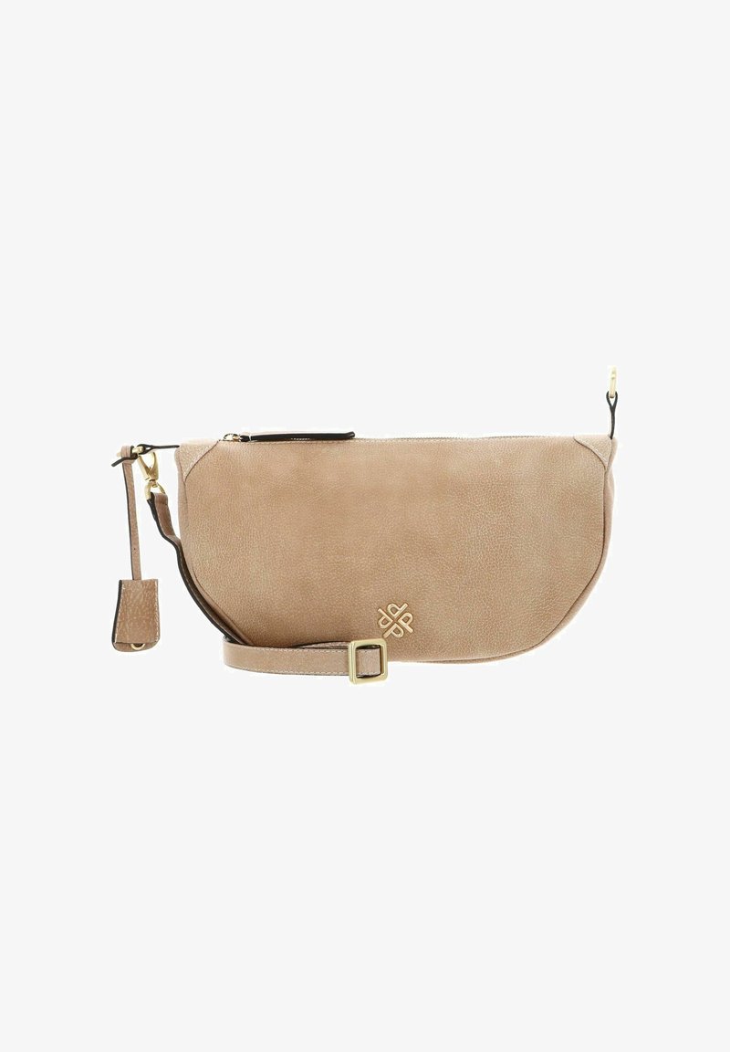 Beige Leder Umhängetasche mit glatter Textur, Reißverschluss, verstellbarem Schulterriemen und goldfarbener Hardware. Mit einem Logodetail auf der Vorderseite.