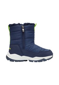 Marineblaue, isolierte Winterstiefel mit einem Reißverschluss, Fleecebesatz am Kragen, strukturiertem Gummisohle und einem grünen Zugtab hinten.