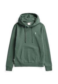 Felpa verde in misto cotone, con tasca frontale, cordini, polsini a coste e un piccolo emblema bianco a forma di albero sul petto.