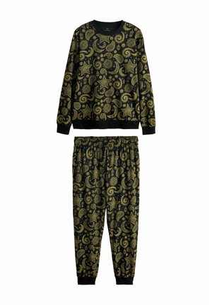 Ensemble de sweat-shirt à manches longues et pantalon noirs avec un motif céleste doré comprenant des étoiles, des lunes, des lanternes et des motifs floraux.