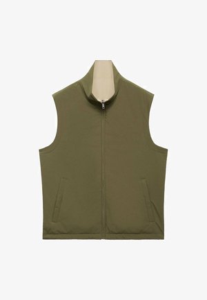 Olive green sleeveless vest with a high collar, front zipper, and two side pockets. Smooth texture with a simple, functional design.