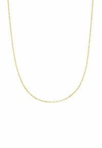 Collana a catena placcata in oro con anelli ovali, texture liscia e design delicato, caratterizzata da una tonalità dorata uniforme in tutta la sua lunghezza.