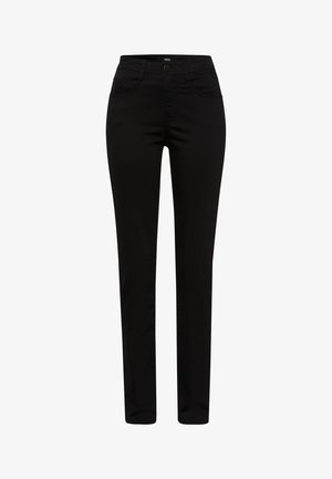 Schwarze Jeans mit klassischem geradem Schnitt, ausgestattet mit Fronttaschen, einem einfachen Knopfverschluss und einer glatten Denim-Oberfläche.