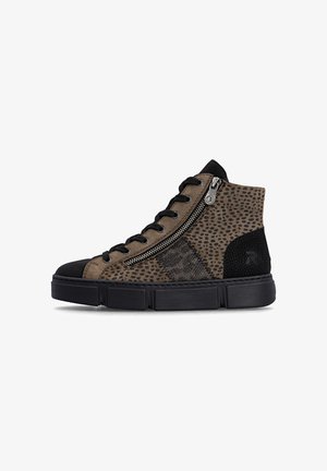 High-top sneaker with black sole, brown spotted pattern, black toe and heel, black laces, and a silver side zipper on white background.