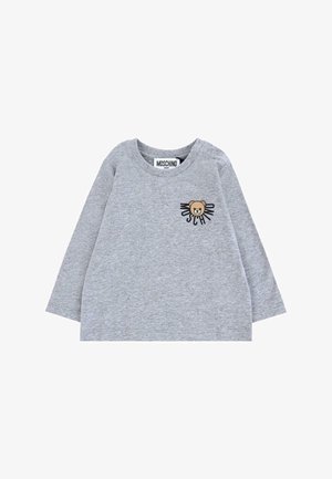 Grijze langsgemouwde shirt gemaakt van zachte stof, met een beerafbeelding en het woord "MOSCHINO" eronder. Drukknopen op de schouder voor eenvoudig aan- en uittrekken.