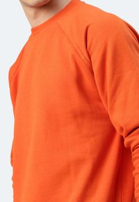 Felpa arancione con colletto a girocollo, maniche raglan e una consistenza di cotone morbido. Il design presenta una finitura liscia senza motivi.