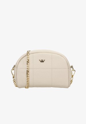 Beige Leder Umhängetasche mit abgerundetem Deckel, Kettenriemen und goldfarbener Logo-Akzentuierung. Verfügt über gestickte Paneele für Textur und Detail.