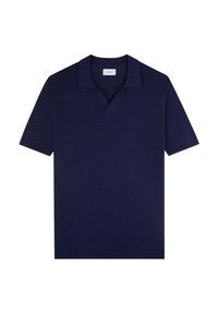 Marineblå kortærmet polo skjorte lavet af strikket stof, med en klassisk krave og diskret tekstur, med lige kant og uden synlige mønstre.