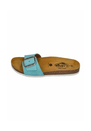 Women's blue slide sandal with adjustable buckle strap, cork footbed, and non-slip white sole, size 38, made in Spain.