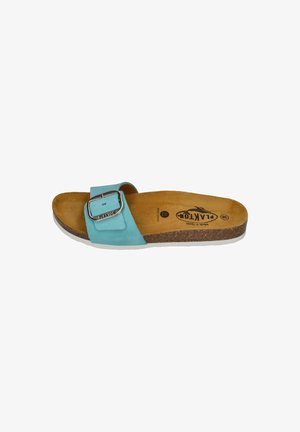 Women's blue slide sandal with adjustable buckle strap, cork footbed, and non-slip white sole, size 38, made in Spain.