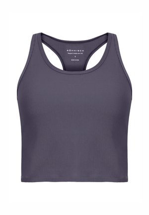 Top corto a coste grigio con design racerback. Presenta una texture liscia e un colore solido con branding minimalista.