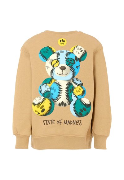 Felpa khaki con un grafico di un orsacchiotto colorato, con disegni blu, gialli e verdi e il testo "STATE OF MADNESS" sottostante.