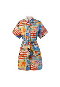 Kurzärmliges, mehrfarbiges Kleid mit einer Vielzahl von Mustern, einer Knopfleiste und einem Taillengürtel. Hergestellt aus leichtem Stoff.