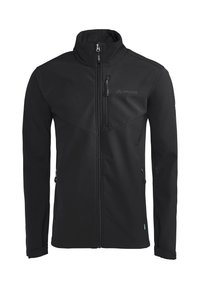 Čierna softshell bunda s vysokým golierom, zapínaním na zips vpredu a dvoma bočnými vreckami. Obsahuje textúrovanú tkaninu a diagonálny šev.