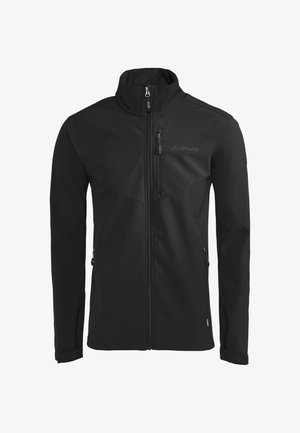 Giacca softshell nera con collo alto, frontale con zip e due tasche laterali. Presenta un tessuto testurizzato e un design con cuciture diagonali.