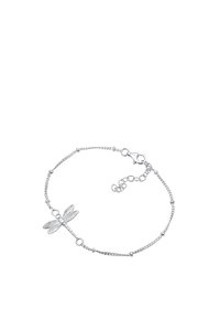 Silverfärgad kedja armband med en trollslända hänge. Kedjan har små pärlor och en kräfta lås med justerbar längd.