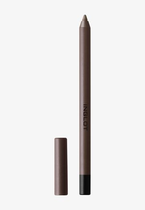 Crayon pour les yeux Inglot marron avec base noire et bouchon marron assorti placé à côté sur un fond blanc.