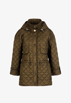 Olive green quilted jacket with a high collar, zippered pockets, adjustable drawstrings at the waist, and snap button closures.