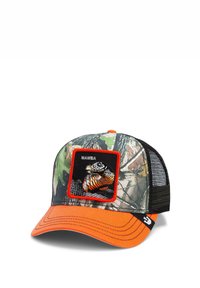 Camo cap with an orange bill, featuring a black embroidered patch of a fish framed in red. Mesh back adds ventilation.