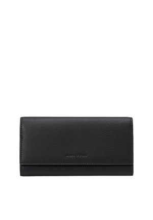 Black leather wallet with a smooth texture, rectangular shape, and embossed logo on the front. Features a flap closure for secure access.