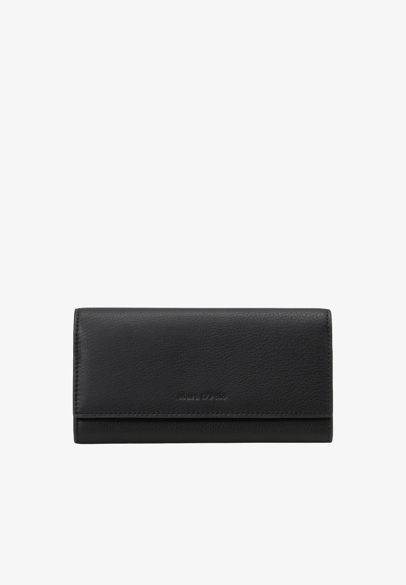 Black leather wallet with a smooth texture, rectangular shape, and embossed logo on the front. Features a flap closure for secure access.