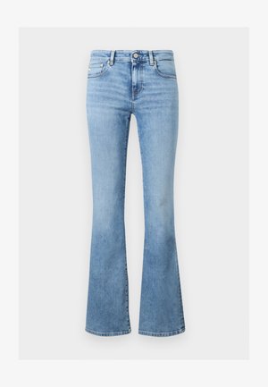 Šviesiai mėlynos džinsinės kelnės su aukštu liemeniu, klasikiniu penkių kišenių stiliumi, sagų užsegimu ir šiek tiek platėjančiomis kojomis.