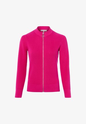 Jasnoróżowy prążkowany dzianinowy sweter rozpinany z długimi rękawami i srebrnym suwakiem na całej długości z okrągłym uchwytem z przodu.