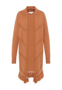 Oranje gebreide cardigan met open voorkant, chevronpatroon textuur en franjes aan de onderkant. Lange mouwen en zachte stof.