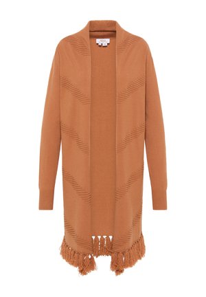 Cardigan tricotat portocaliu, cu deschidere în față, cu un model texturat în zig-zag și detalii cu franjuri la tiv. Mâneci lungi și material moale.