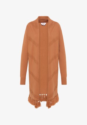 Cardigan tricotat portocaliu, cu deschidere în față, cu un model texturat în zig-zag și detalii cu franjuri la tiv. Mâneci lungi și material moale.