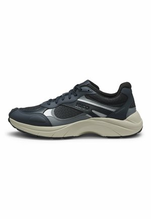 Black and gray mesh and leather sneaker with thick white sole, laces, and "HUGO" logo on side, shown from outer side.