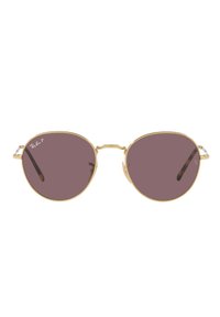 Occhiali da sole Ray-Ban con lenti rotonde viola, montatura in metallo dorato, aste sottili e dettaglio del logo sulla lente. Ponte testurizzato che collega le lenti.