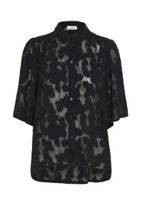 Zwarte doorschijnende blouse met bloemenborduurwerk, korte pofmouwen, knopenlijst aan de voorkant en Peter Pan-kraag.