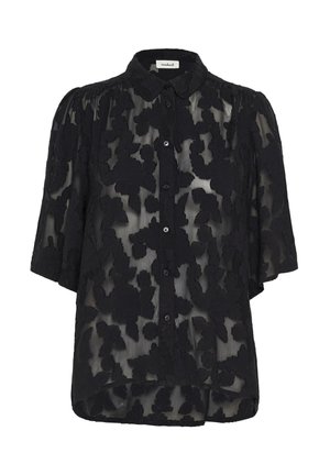Svart transparent blus med blommönster, korta puffärmar, knäppning fram och Peter Pan-krage.