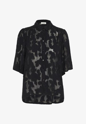 Čierna priesvitná blúzka s kvetinovou výšivkou, krátke naskladané rukávy, zapínanie na gombíky a golierik Peter Pan.