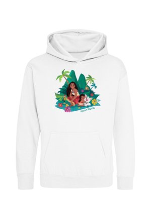 Hvid hættetrøje med to piger og en gris på en tropisk ø med palmer, blomster og teksten "ocean sisters."