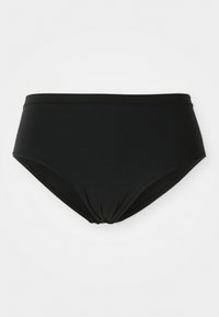 Black high-waisted bikini bottom with a gathered knot detail at the front. Made of smooth, stretchy fabric. Classic design with no patterns.