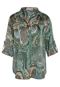 Blouse à boutons avec des motifs paisley et floraux verts, turquoise et orange, dotée de manches retroussées et d'un col.