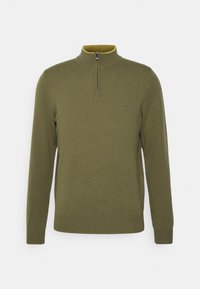 Oliivivihreä pitkähihaisessa neuleessa on puolivetoketju ja ribbireunus kauluksessa, hihoissa ja helmassa. Paidassa on pieni "BOSS" -logo rinnassa.