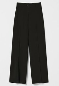 Zwarte wijde broek van een gladde stof, hoge taille, met plooien aan de voorkant en een knoopsluiting. Eenvoudig ontwerp zonder zichtbare patronen.