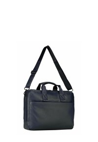 Marineblaue Leder-Umhängetasche mit zwei oberen Griffen, einem abnehmbaren Schultergurt und einer vorderen Tasche. Glatte Textur mit minimalistischem Design.