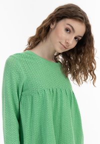 Maglia verde a maniche lunghe con un motivo testurizzato e vita arricciata. Il tessuto sembra leggero e traspirante con scollatura girocollo.