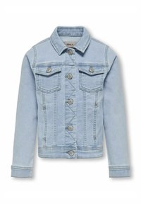 Svetlo modra jeans jakna z klasičnim ovratnikom, dvema žepoma na prsih in sprednjim gumbom za zapiranje. Mehka tekstura z strukturiranim dizajnom in kontrastnimi šivi.