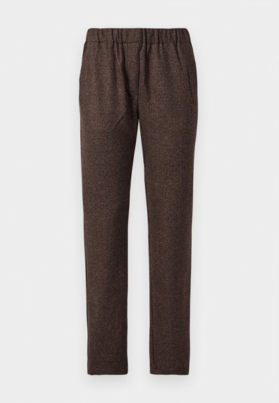 Brune mønstrede bukser med elastisk talje, der har to sidelommer og en lige ben-design. Strukturstof tilføjer dybde.