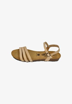 Beige flache Sandale mit drei vorderen Riemen, Knöchelriemen mit Metallschnalle, Korkfußbett und schwarzer Gummisohle, Größe 38.